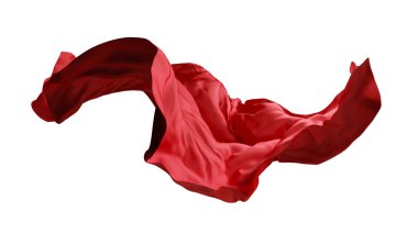 3D çizim, soyut kırmızı kumaş düşüyor. İpek kumaş uçup gidiyor. Moda klibi sanatı beyaz arkaplanda izole edildi