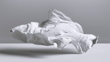 3 boyutlu görüntüleme. Soyut moda arka planında beyaz bez boş odanın içine düşüyor. İpek dinamik kumaş rüzgarla savruluyor.