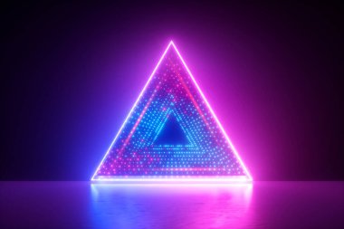 3D çizim, soyut geometrik arkaplan, mavi pembe neon üçgen çerçeve. Sanal gerçeklik siber uzayı. Minimalist canlı duvar kağıdı, sibernetik teknoloji.