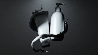 3 boyutlu görüntüleme. Dramatik stüdyo ışıklandırması beyaz kozmetik şişe ve krem tüpü vurguluyor, donuk bir sıvıyla çevrili, loş ışıkta koyu bir arka planda yüzüyor. Güzellik modeli.