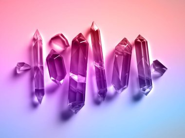 Pastel gradyan arka planda izole edilmiş çeşitli kuvars kristalleri, pürüzlü külçeler, yüzeysel moda taşları, yarı değerli mücevherler, reiki iyileştirme ruhsal elementleri.