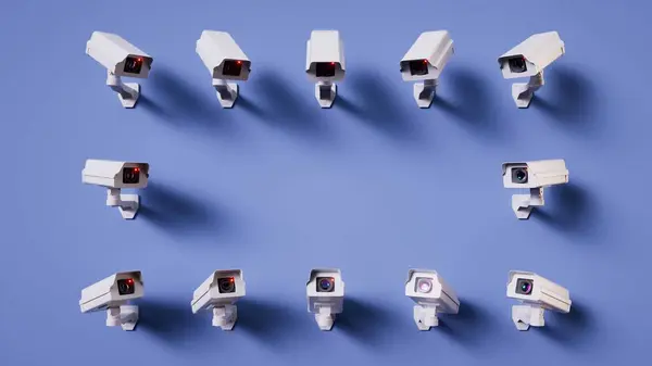 stock image 3d render. White security cameras pointing to the blank spot in the center, isolated on blue background. Metaphor of total control. Concept of security monitoring