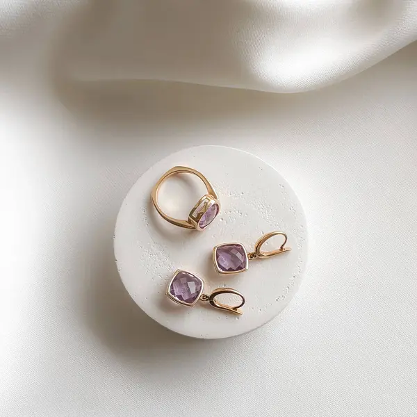 Mor ametistli modern altın küpe.. 