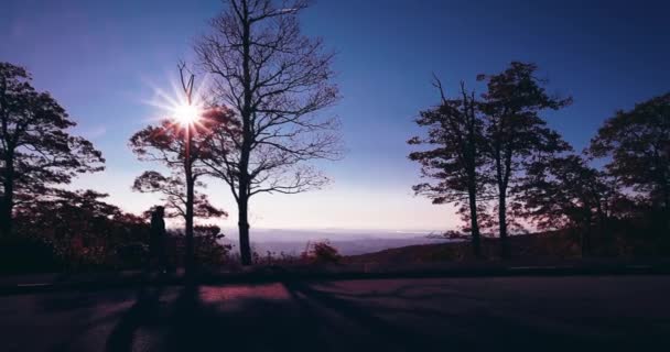 Прекрасный Вид Силуэты Деревьев Горы Утреннем Свете Людьми Идущими Вдоль — стоковое видео