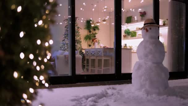 Χαριτωμένα Παιδιά Που Διασκεδάζουν Στο Σπίτι Νιφάδες Χιονιού Πέφτουν Εξωτερικούς — Αρχείο Βίντεο