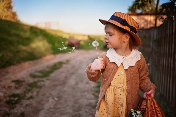 Cute Little Baby Girl Walking Rural Countryside Blowing Dandelions Warm Stock Picture