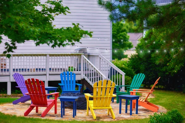 Set Colorful Wooden Adirondack Chairs Fire Pit Garden Backyard Stock Picture