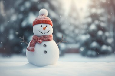 happy snowman under the the snowfall. Winter season background clipart