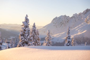 Kar yağdıktan sonra dağlarda gün batımı. Yüksek kalite fotoğraf