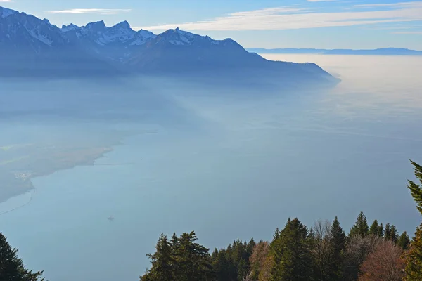 Citra Atmosfer Kabut Danau Jenewa Swiss — Stok Foto