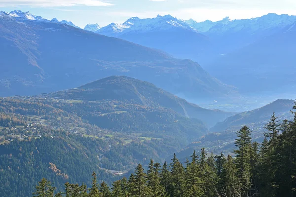 Brume Dans Les Vallées Des Alpes Suisses Sud Autour Vallée — Photo