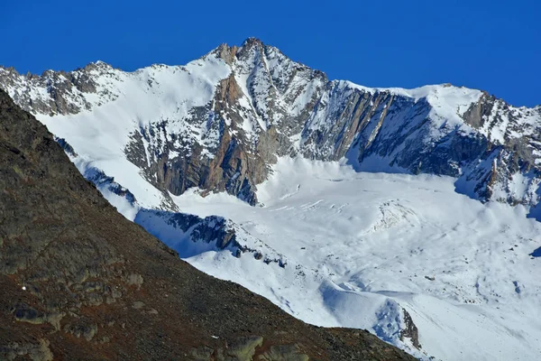Zonsondergang Portjenhorn Zuid Zwitserse Alpen Boven Saas Fee Met Weissmies — Stockfoto