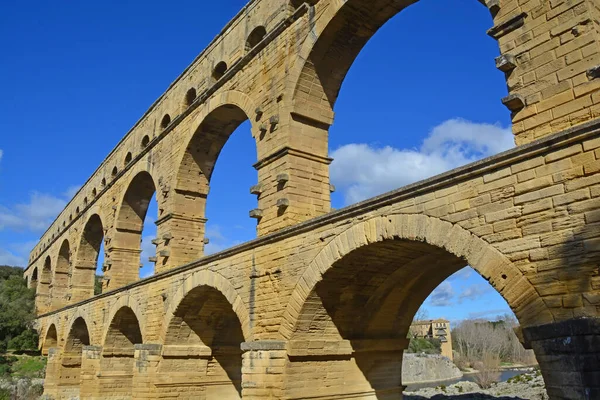Antik Roma Pont Gard Kemeri Gardon Nehri Üzerindeki Viyaduct Köprüsü — Stok fotoğraf