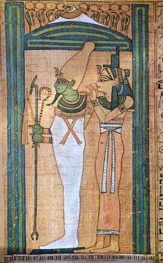 Tanrı Osiris ve Tanrıça Isis 'in Antik Mısır papirüs resmi nihai hüküm için hazırlanıyor.