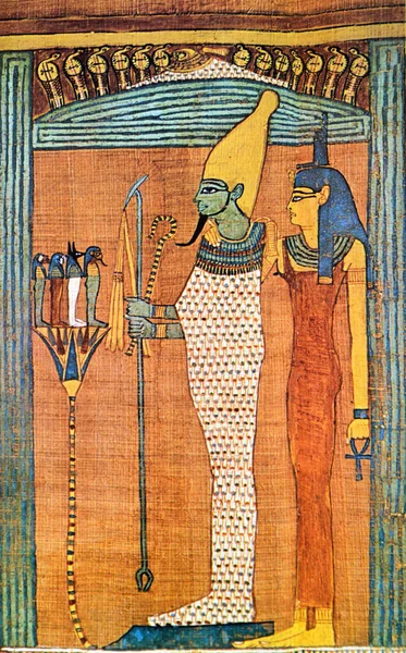 神オシリスと女神イシスの古代エジプトのパピルス画前にホルスの4人の子供と — ストック写真