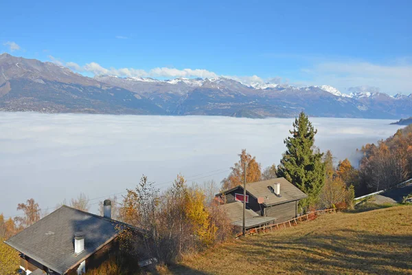 Dense Layer Mist Filling Wide Valley Mountains — Stock Photo, Image