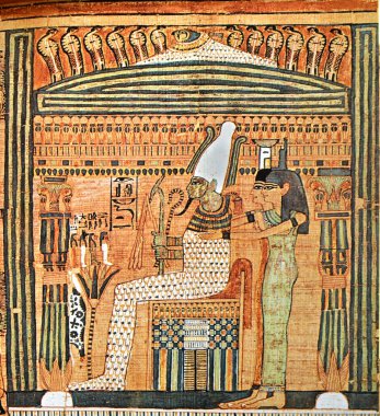 Ancient Egyptian papyrus painting of the God Osiris and the Goddess sisters Isis and Nepthys with the four children of Horus in front, enthroned for the Final Judgement clipart