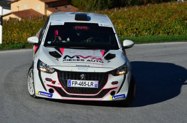 CHALAIS, SWitzERLAND - 15 EKİM: Rey and Gines in their Peugeot 208 driving the International Rally du Valais: 15 Ekim 2022, Chalais, İsviçre