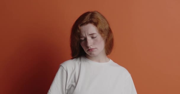 Sad Woman Feeling Upset Portrait Ginger Beautiful Teenager Girl Looking — Stock Video