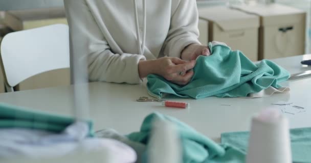 Young Dressmaker Woman Sews Clothes Her Hands Close Seamstress Stich — Stock Video