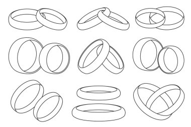 Alyans vektör ana hatları simgesi belirlendi. Ayrı çizilmiş taslak simgeler, bağlılık için takılar. Beyaz arkaplanda vektör çizim yüzüğü..