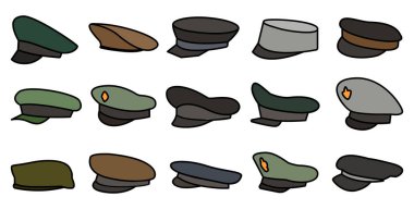 Askeri kap vektör renk seti simgesi. Beyaz arka planda vektör illüstrasyon başlığı. İzole edilmiş renk seti askeri simgeler .