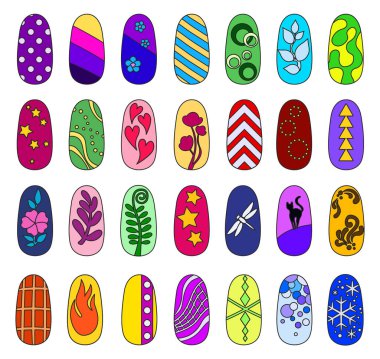 Çivi izole edilmiş renk seti simgesi tasarla. Vektör rengi simgeler, manikür tırnağı. Beyaz arkaplanda vektör illüstrasyon tasarımı çivisi.