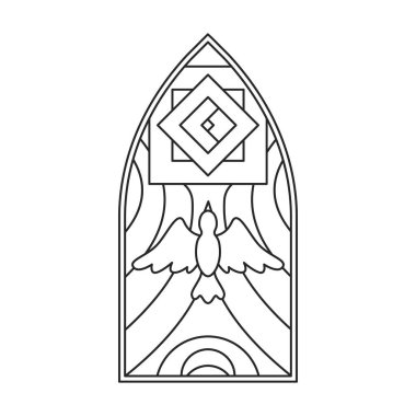 Cam vektör dış hat simgesi. Beyaz arka planda vektör illüstrasyon cam penceresi. Pencere kilisesinin izole ana hatlı çizim logosu.