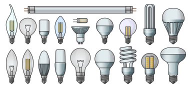 Halojen ampul renk vektörü simgesi. Ayrı renk simgelerinin ışık halojeni çizimi. İzole edilmiş elektrik ve floresan ampul..