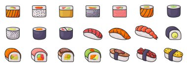 Sushi izole vektör seti simgesi. Beyaz arka planda vektör illüstrasyon Japon yemekleri. Renk ayarları simgeleri rulo.