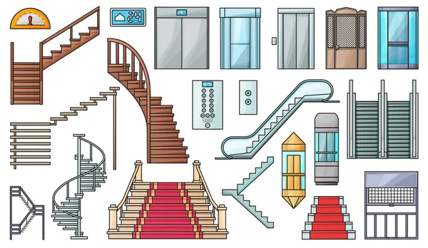 Векторная Иллюстрационная Лестница Эскалатор Изолированные Цветные Иконки Деревянные Металлической Лестницы — стоковый вектор