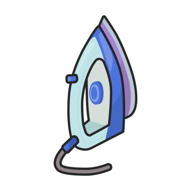 Ev giysileri için buhar ütüsü vektör logosu. Çamaşır makinesinin renk çizimi ve sıcak buhar ütüsü..