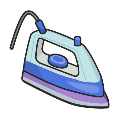 Ev giysileri için buhar ütüsü vektör logosu. Çamaşır makinesinin renk çizimi ve sıcak buhar ütüsü..