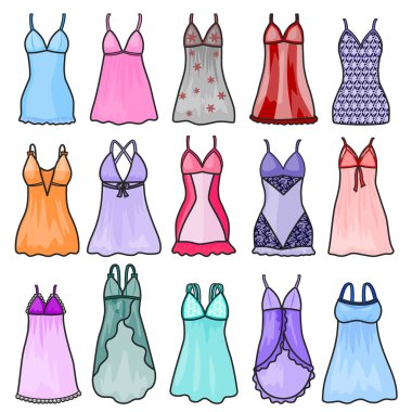 Gecelik vektör renk seti simgesi. Beyaz arka planda vektör illüstrasyon uyku giysisi. Ayrı renk seti simgeleri sabahlık.