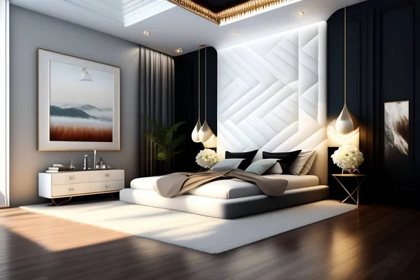 Chambre Moderne Luxueuse Noir Blanc Dans Maison — Photo