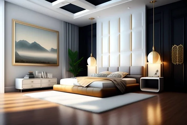 Moderno Lujoso Dormitorio Blanco Negro Casa — Foto de Stock
