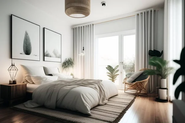 Saubere Und Komfortable Weiße Minimalistische Schlafzimmer Die Eine Entspannende Atmosphäre — Stockfoto