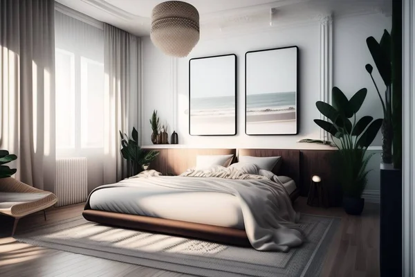 Rahatlatıcı Bir Atmosfer Sağlayan Beyaz Minimalist Yatak Odası — Stok fotoğraf
