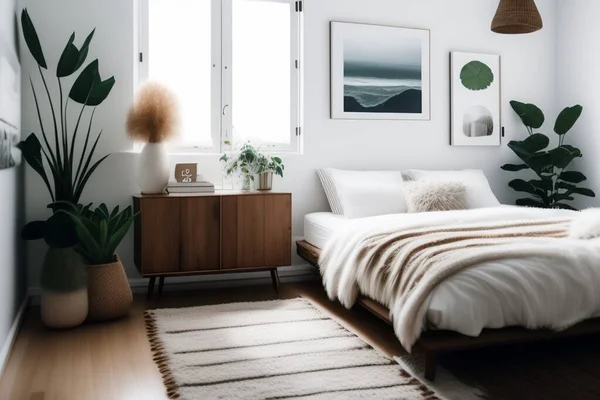 Chambre Minimaliste Blanche Propre Confortable Qui Offre Une Atmosphère Relaxante — Photo