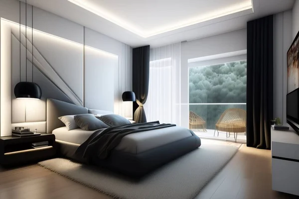 Chambre Moderne Luxueuse Noir Blanc Dans Maison — Photo