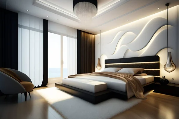 家の中で近代的で豪華な黒と白の寝室 — ストック写真