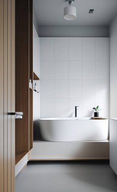 Süslü minimalist banyoda temiz beyaz bir küvet.