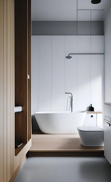 Süslü Minimalist Banyoda Temiz Beyaz Bir Küvet — Stok fotoğraf