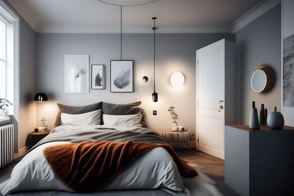 Modern Bedroom White Brown Color House — Stock Photo, Image