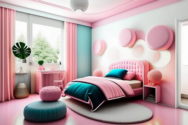 stock image light pink and white bedroom for girls