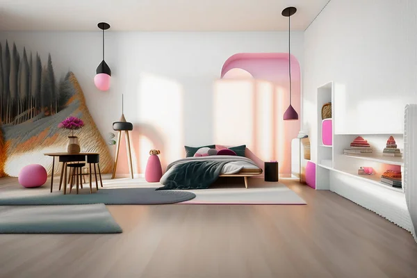 Licht Roze Witte Slaapkamer Voor Meisjes — Stockfoto