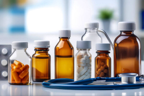 Коллекция лекарственных бутылок и упаковки на белой столешнице, сопровождаемая стетоскопом и пузырьками таблеток, дизайнерским инструментом, работающим на ИИ, и усовершенствованным в соответствии с высокими стандартами качества