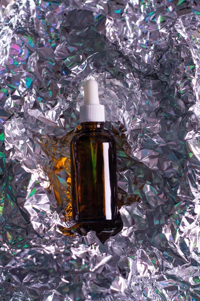 Glass Bottle Natural Body Oil Cosmetics Hologram Background — Stock Photo, Image