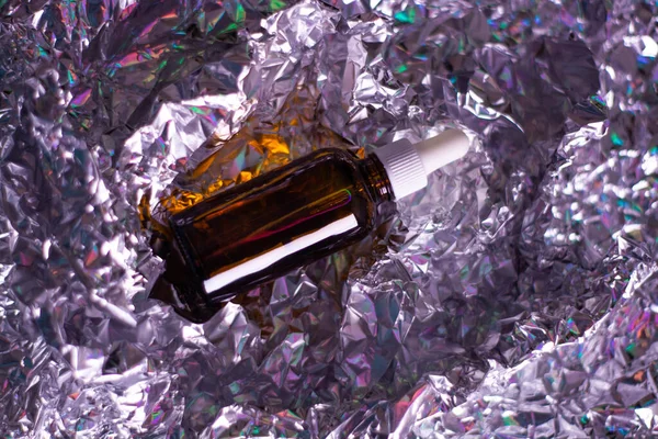 Glass Bottle Natural Body Oil Cosmetics Hologram Background — Stock Photo, Image