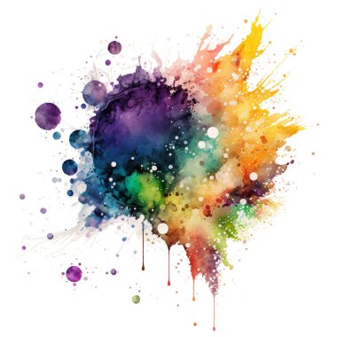 Colorful strong splash on white background. Banner, poster for your graphics. Watercolor abstraction with stains of paint. Vector illustration. Flashy colors. Copy space. Soft and delicate.